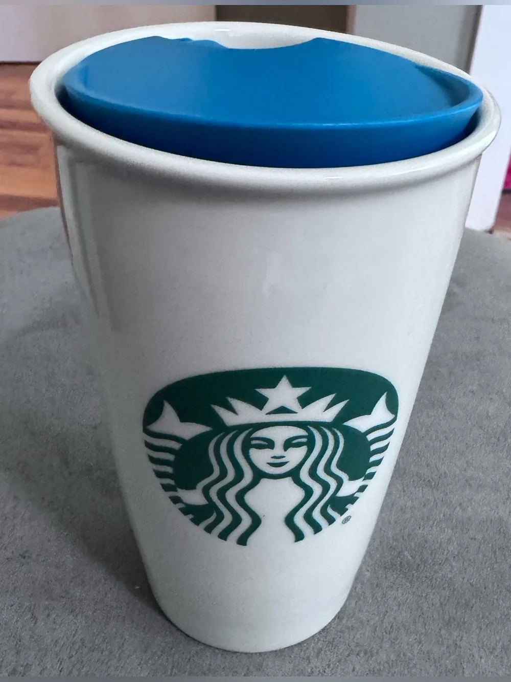 Starbucks Disneyland Travel Mug with Blue Lid and Pink/Blue Graphics